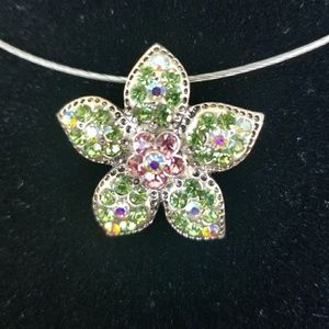 Vintage Flower Pendant - Green & Pink Crystals